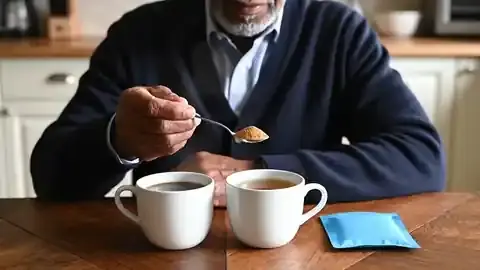 Two cups side by side on a wooden table, coffee and green tea, as a spoonful of powder is stirred into the tea