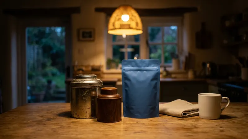 An old coffee tin, a wooden tea caddy and a plain blue pouch side by side on a wooden table under a hanging lamp
