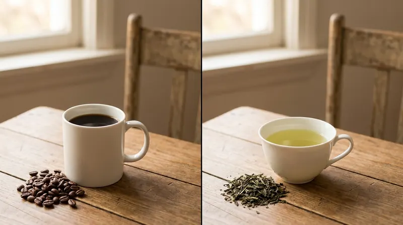 Half coffee, half tea: a mug of black coffee with roasted beans beside a cup of green tea with loose leaves, split down the middle