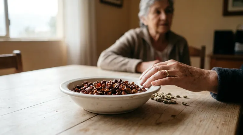 Dried reddish coffee cherry husks in a shallow white bowl beside a few green coffee beans