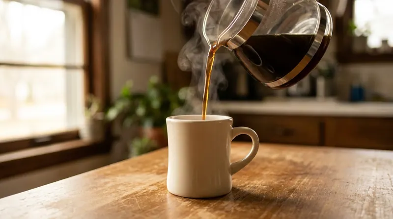 Black coffee pouring from a glass carafe into a plain white mug with a little steam rising