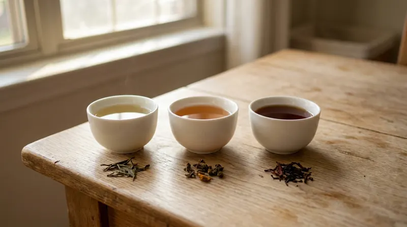 Three small cups in a row holding green, oolong and black tea, with loose dried leaves in front of each
