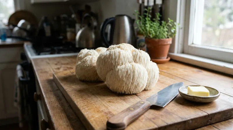 Two whole fresh lion's mane mushrooms with soft white spines on a wooden cutting board beside a knife