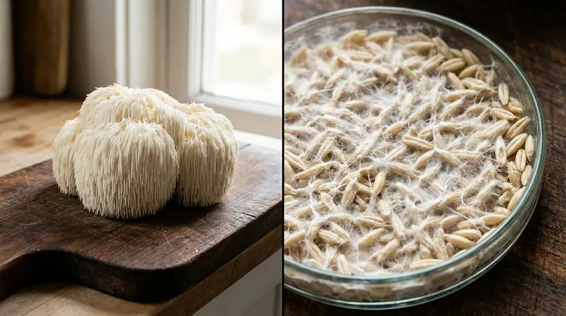 Divided frame of a whole lion's mane mushroom on a board and white mycelium threads grown through oat grains