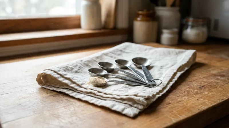 Steel measuring spoons fanned out on a folded linen cloth, the smallest holding a little pale powder