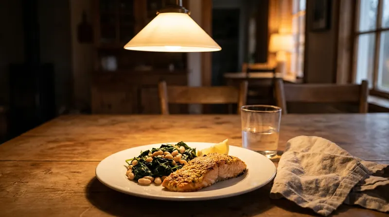 Supper plate of baked salmon, dark greens and white beans under the warm light of a hanging lamp