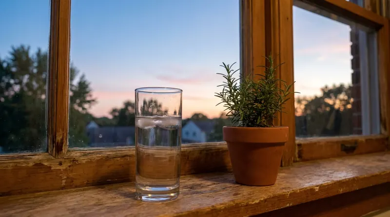Tall glass of water on a wooden windowsill at dusk with a small potted herb beside it