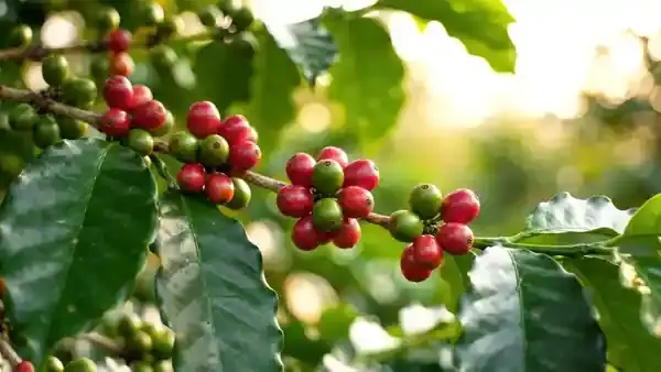 Ripe red coffee cherries hanging on a leafy branch that moves slightly in a morning breeze