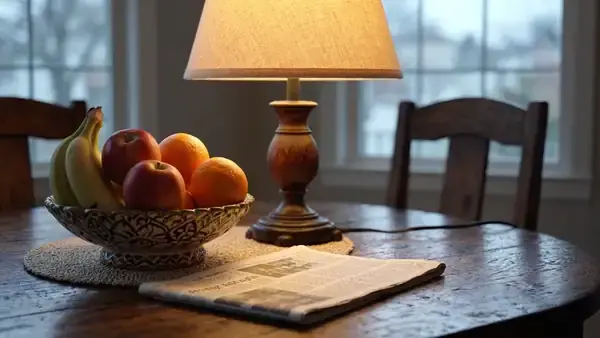 Table lamp coming on over a cleared wooden supper table with a bowl of fruit