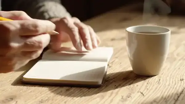 Pencil writing one short line in a small notebook beside a white cup of coffee on a wooden table
